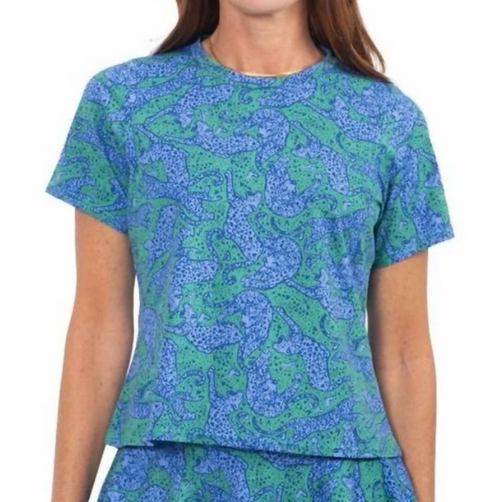 Emily Mccarthy Tigress Joy Tee Cheetah Print Blue Green Crewneck Sz S NEW